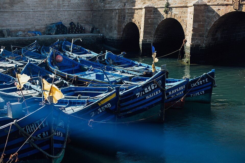 Blue fishing boats in Essaouira port